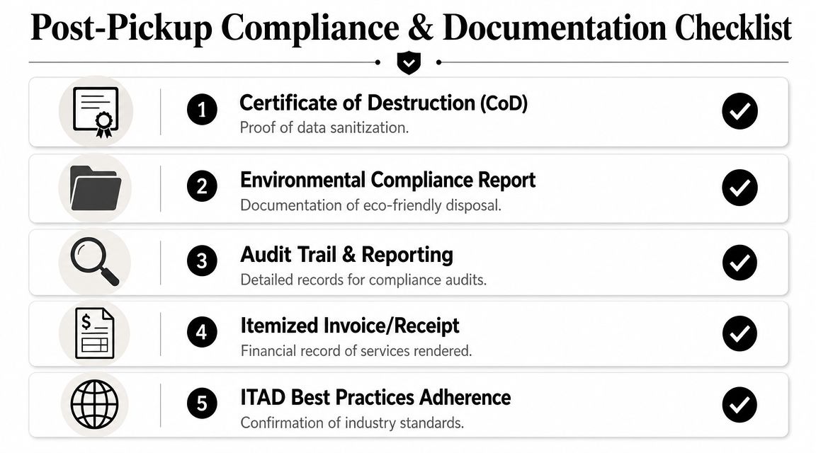 A checklist of five post-pickup compliance and documentation steps for secure and sustainable IT asset disposal.