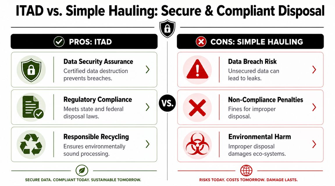 A comparison chart highlighting the benefits of ITAD services versus the risks of simple hauling waste disposal.