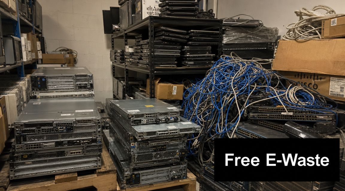 A storage room filled with stacks of old computer servers, networking switches, laptops, and tangled cables.