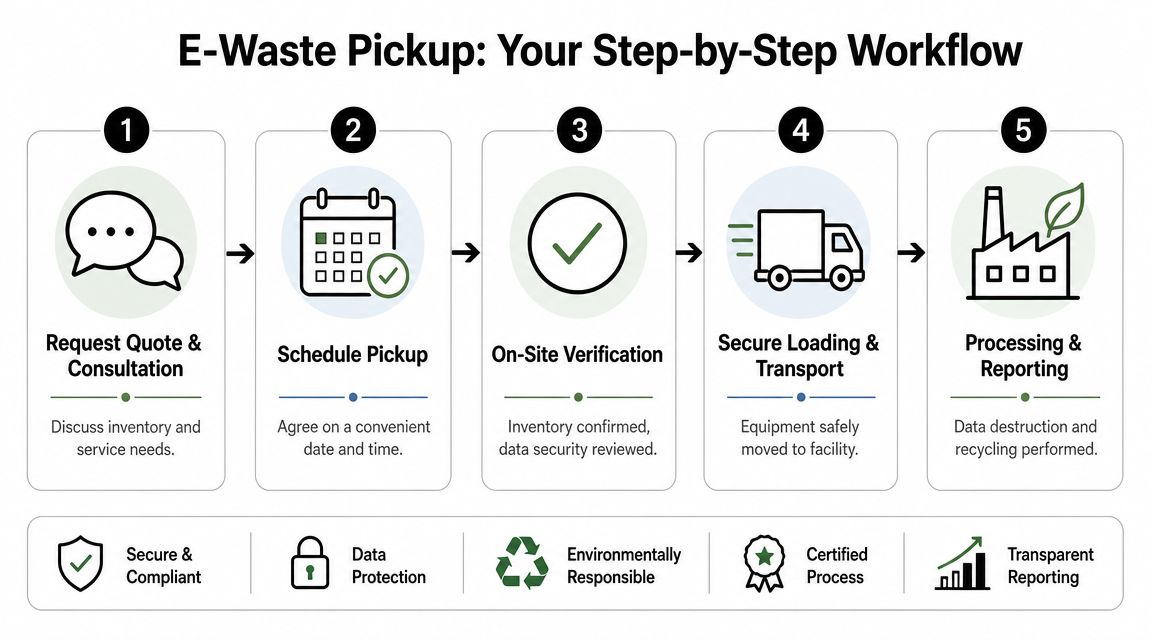 A five-step workflow infographic illustrating the professional process for scheduled e-waste pickup and recycling services.