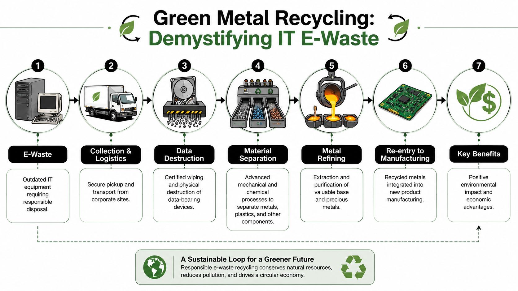 A seven-step infographic illustrating the Green Metal Recycling process for managing IT e-waste sustainably.