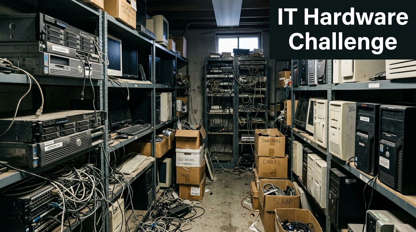 A cluttered IT room filled with old servers, computers, tangled cables, and cardboard storage boxes.