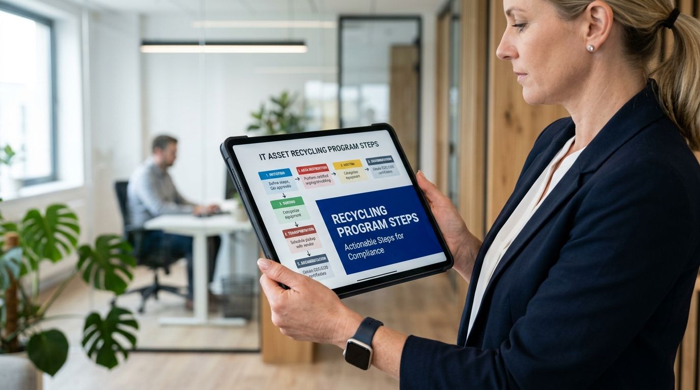 A professional woman holding a tablet displaying steps for an IT asset recycling program in an office.