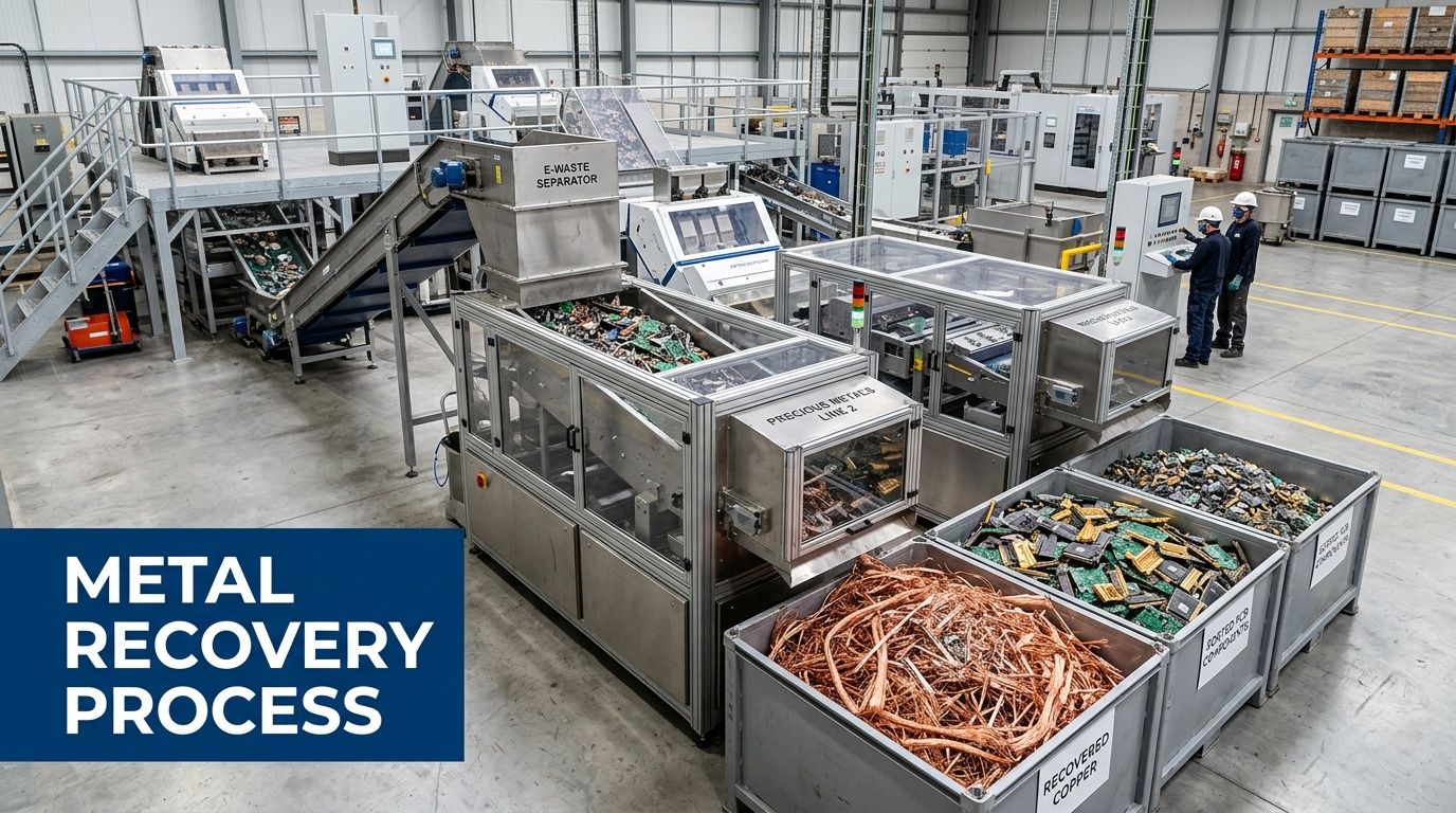 Workers in protective gear operate an industrial metal recovery machine for sorting electronic waste and copper wire.