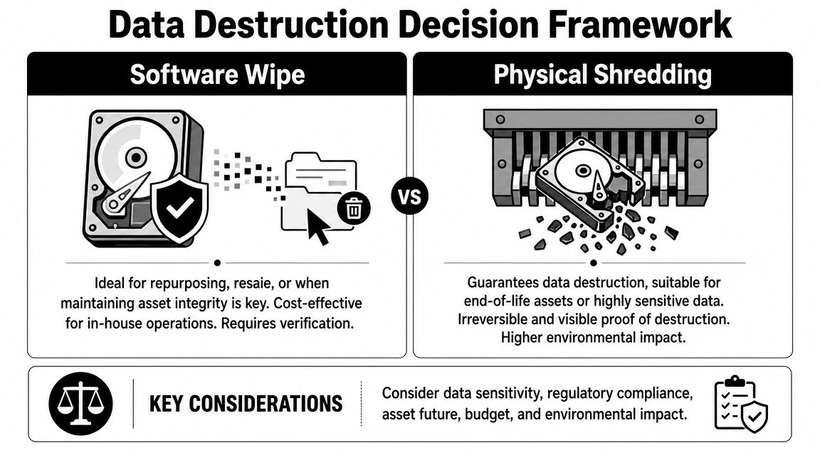 A comparison chart explaining the differences between software wiping and physical shredding for hard drive data destruction.