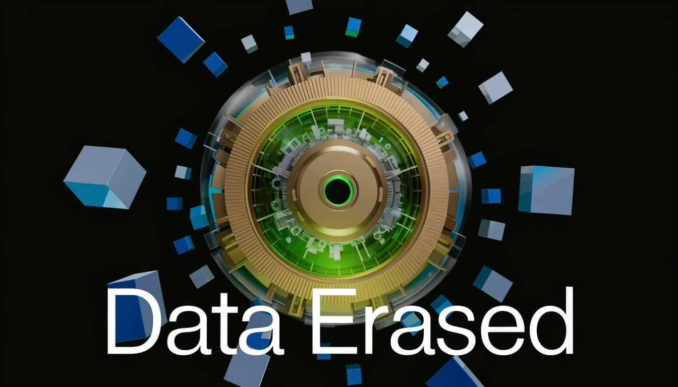 A digital graphic featuring a futuristic mechanical core surrounded by floating cubes with text stating Data Erased.