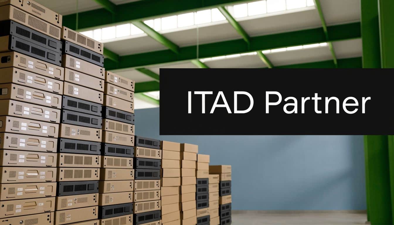 Stacks of recycled enterprise hard drives ready for processing in a warehouse environment as an ITAD partner.