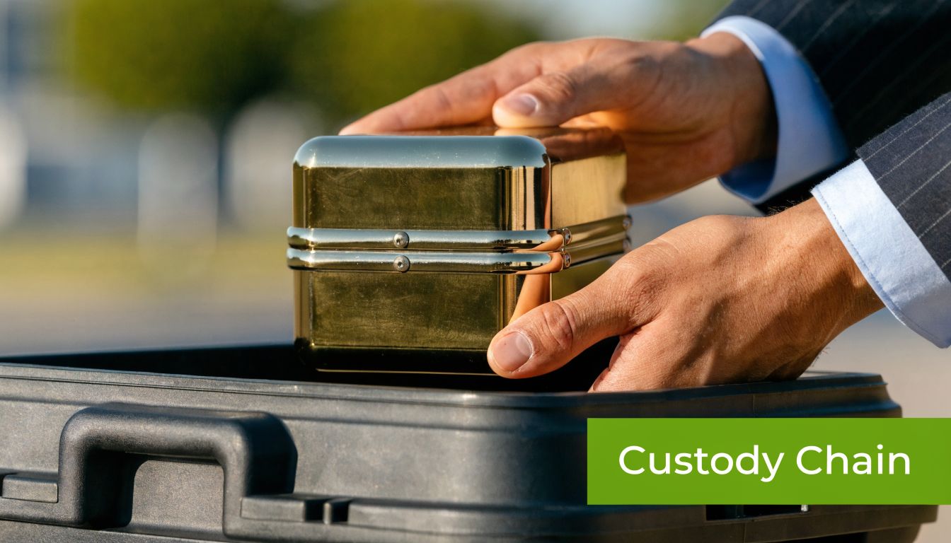 A person in a business suit places a golden secure storage box into a plastic container.