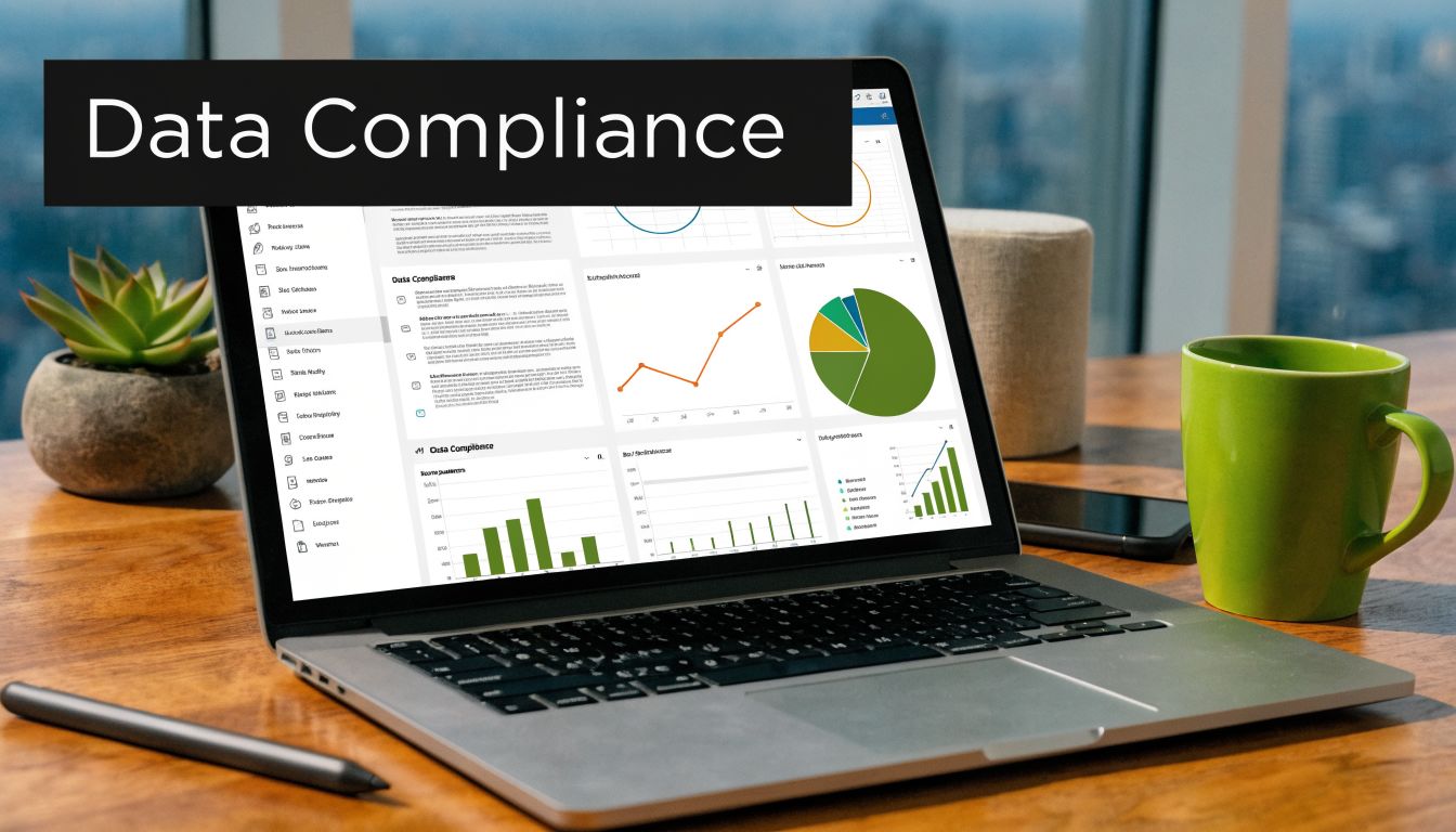 A modern office desk with a laptop displaying data compliance dashboards and analytics charts.