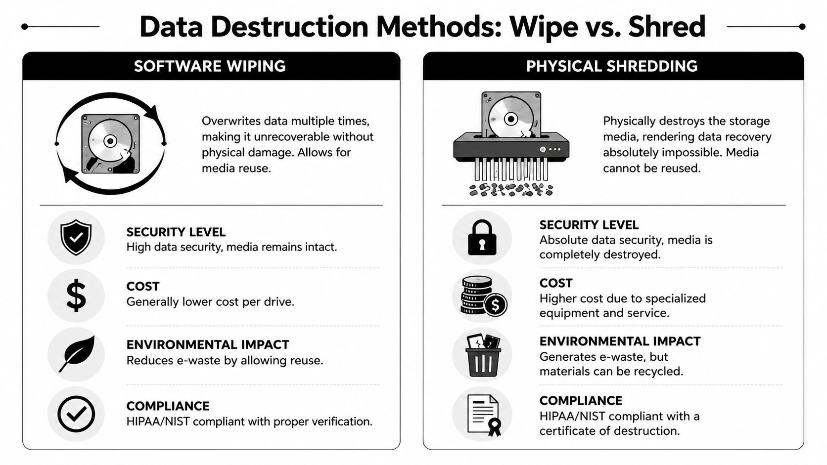 A comparison chart showing the differences between software data wiping and physical hardware shredding for destruction.