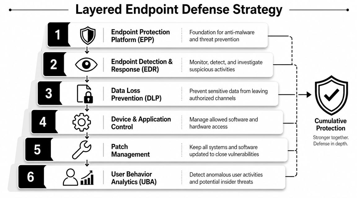 A pyramid diagram showing a layered endpoint defense strategy with six distinct layers for comprehensive cybersecurity.