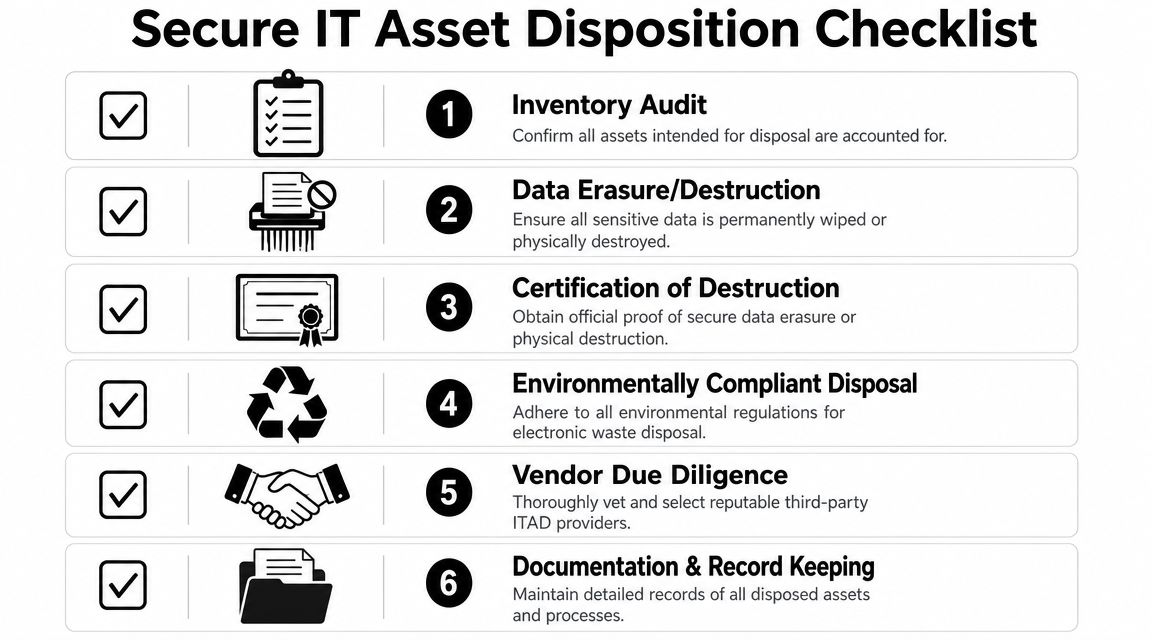 A six-step checklist for secure IT asset disposition outlining proper hardware decommissioning and data security procedures.