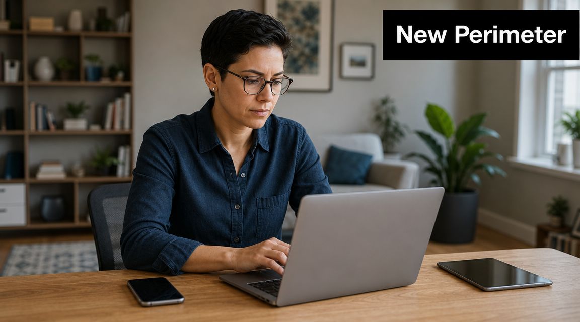 A professional woman wearing glasses working on a laptop at a wooden desk in a home office.