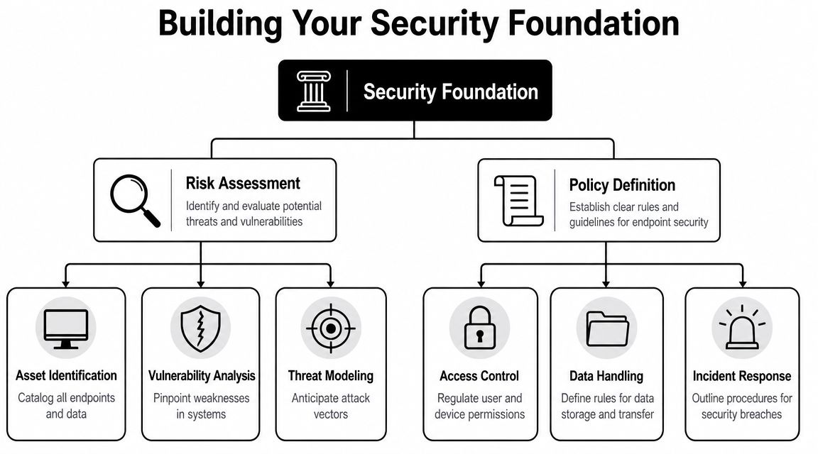 A flowchart diagram titled Building Your Security Foundation detailing risk assessment and policy definition steps.