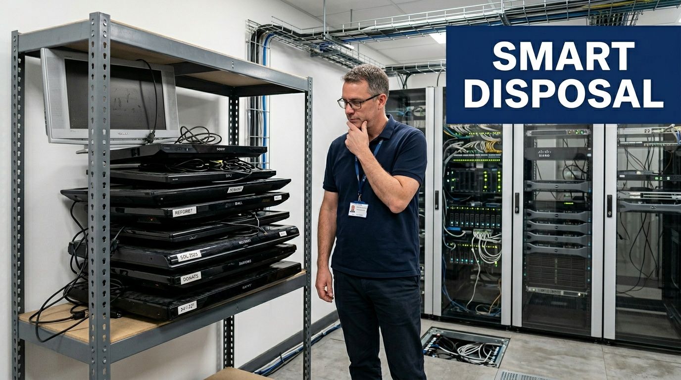 A technician inspecting a stack of old flat screen TVs in a server room for disposal.