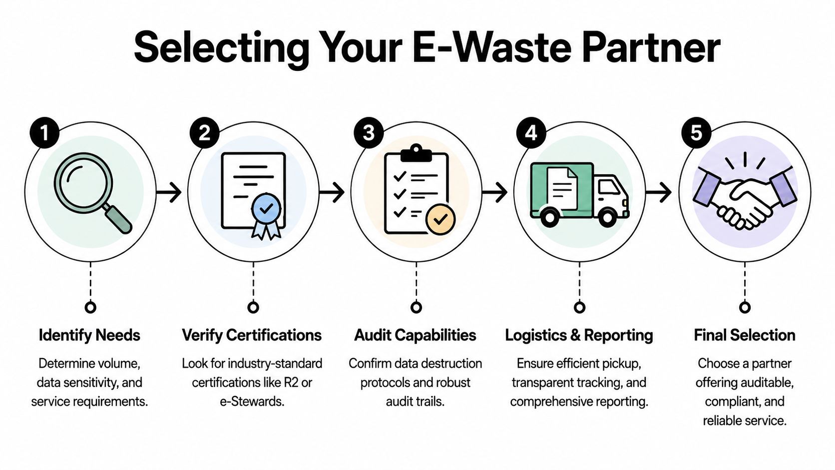 A five-step infographic showing the process for selecting a professional and reliable e-waste recycling partner.