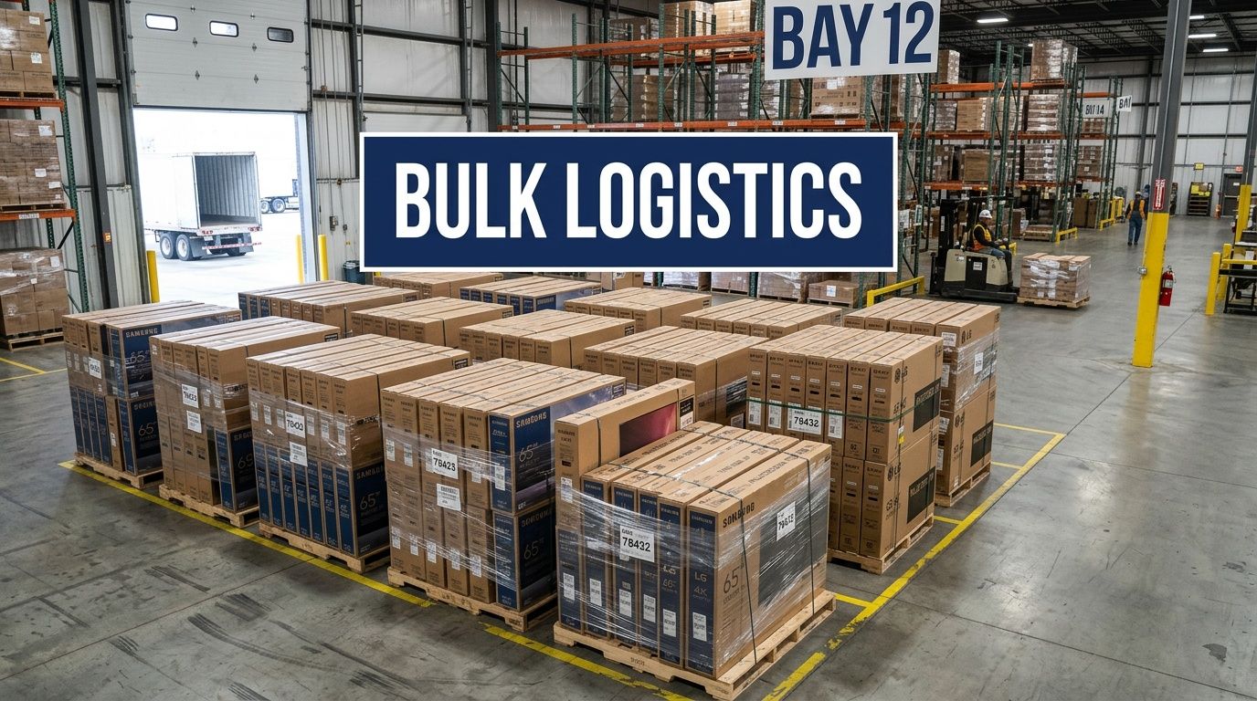 Stacked flat screen television boxes on shipping pallets in a large warehouse facility for logistics management.