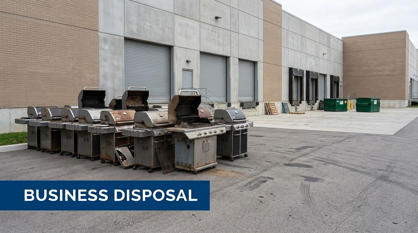 Several old and discarded stainless steel gas grills waiting for collection outside a large industrial warehouse.