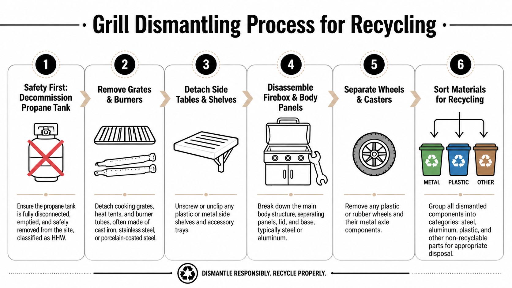 A six-step infographic showing how to safely dismantle a gas grill for proper recycling and disposal.