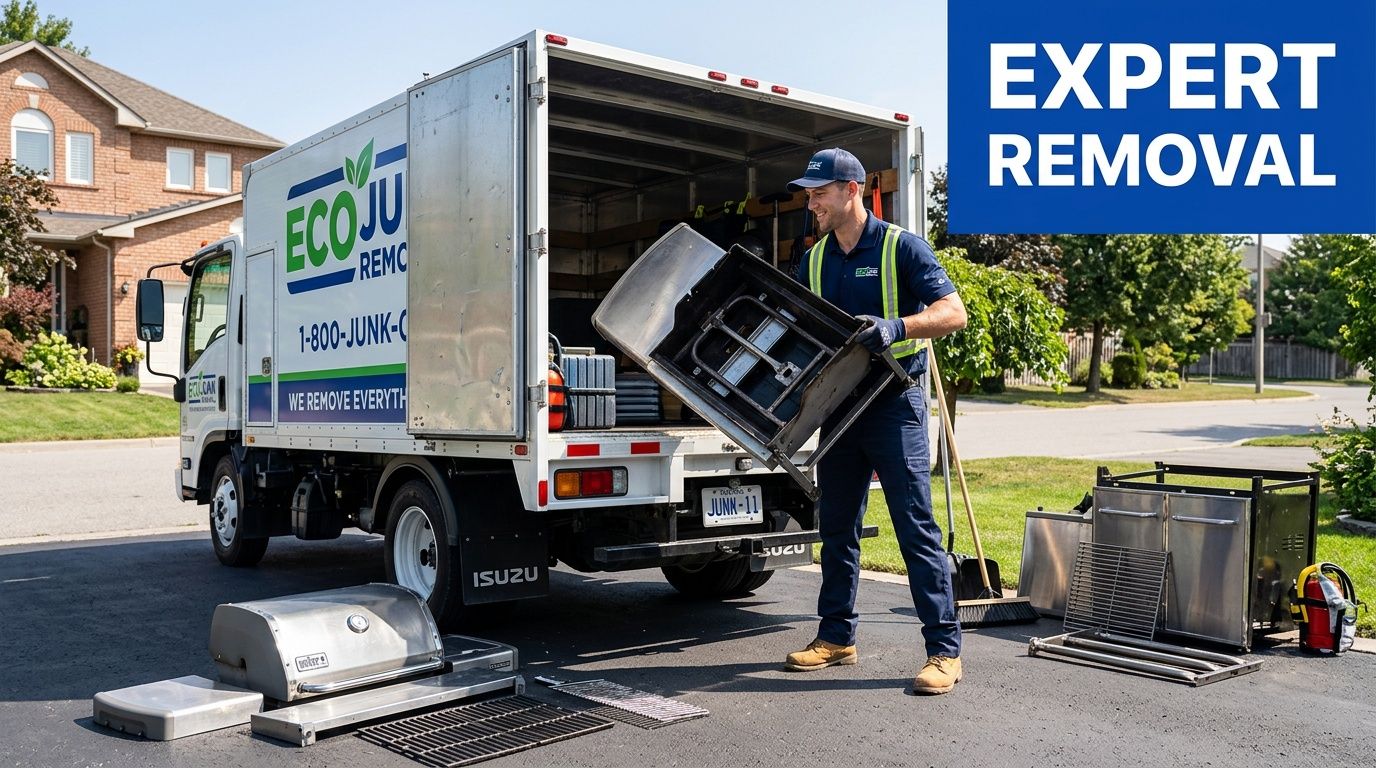 A professional junk removal worker loading an old stainless steel gas grill into his moving truck.