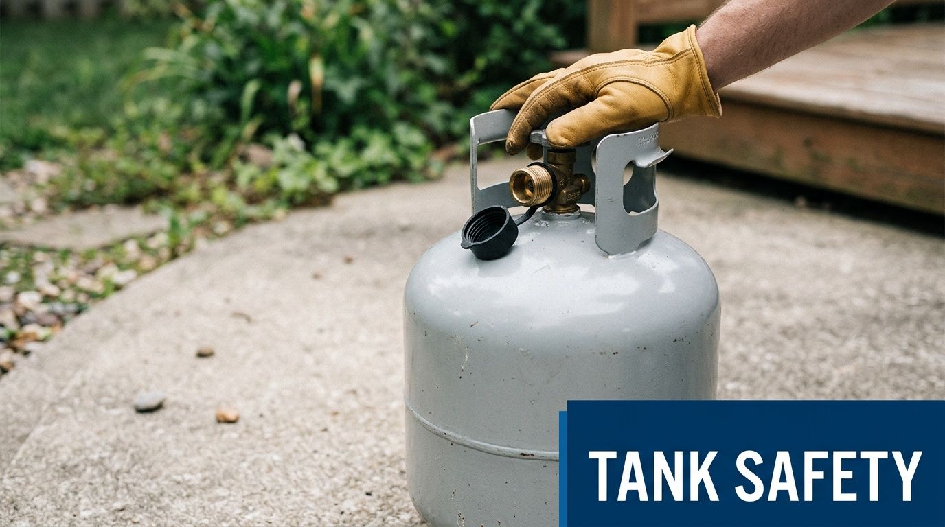 A gloved hand rests on a grey propane tank outdoors, illustrating essential tips for tank safety.