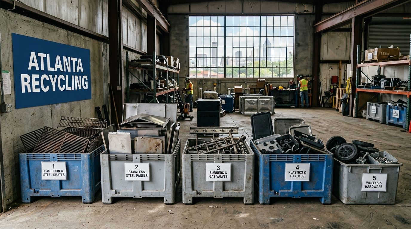 A professional recycling facility in Atlanta with sorted metal and plastic components from discarded gas grills.