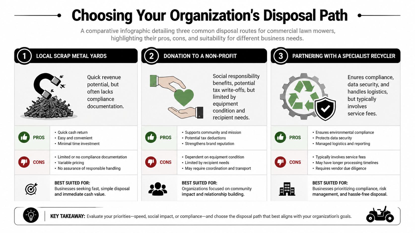 A comparative infographic outlining three disposal methods for commercial lawn mowers: scrap yards, donations, and specialist recyclers.