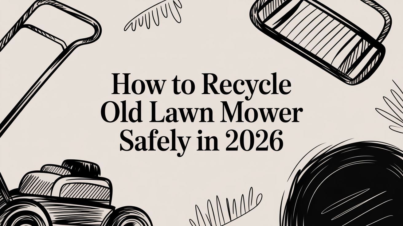 how-to-recycle-old-lawn-mower-lawn-mower-guide - Beyond Surplus ITAD | 770-740-6640 Poster-style illustration with bold headline: 'How to Recycle Old Lawn Mower Safely in 2026' surrounded by sketched lawn mower parts.