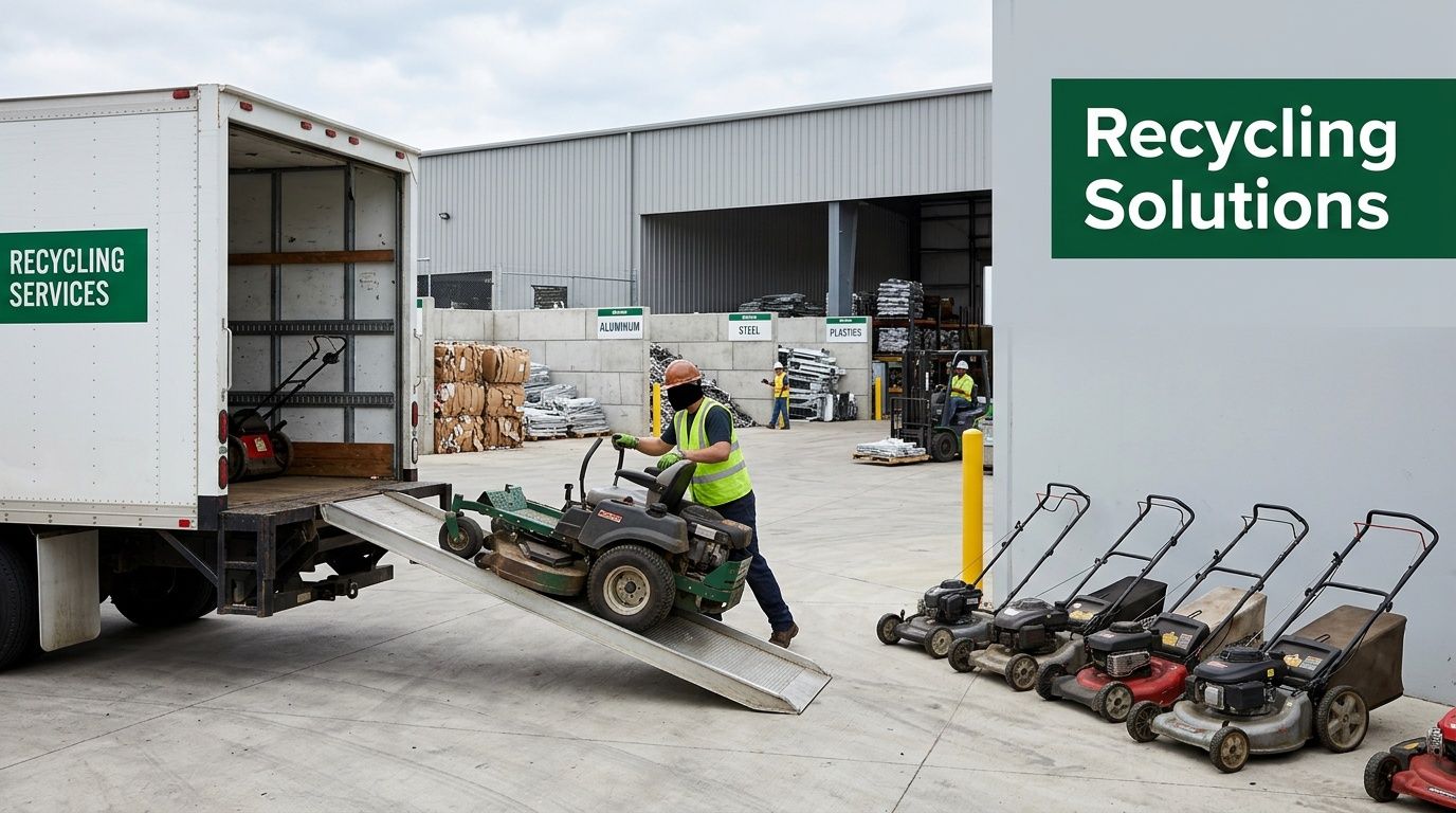 Worker in safety gear loading a riding lawn mower into a recycling services truck at a facility.