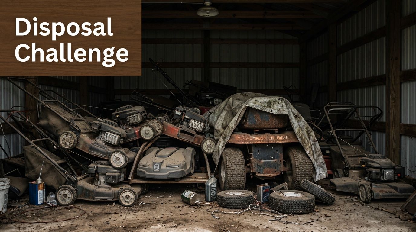 A cluttered shed filled with various old rusty lawn mowers and scattered gardening equipment for disposal.