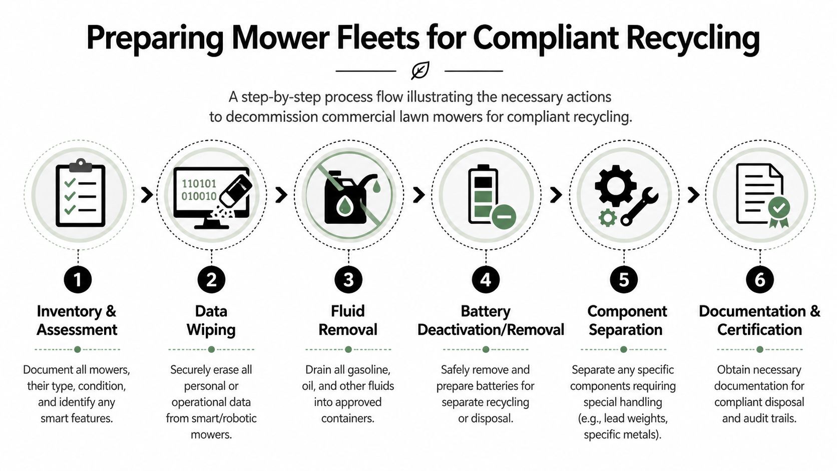 A six-step infographic illustrating the professional process for decommissioning and recycling commercial lawn mower fleets.