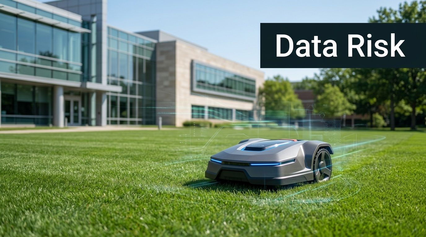 A modern robotic lawn mower autonomously cutting grass on a green lawn in front of a building.