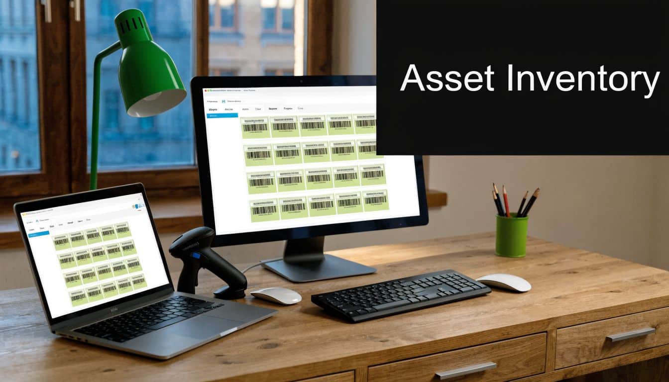 A modern workspace with a laptop and desktop displaying asset inventory management software on the screens.