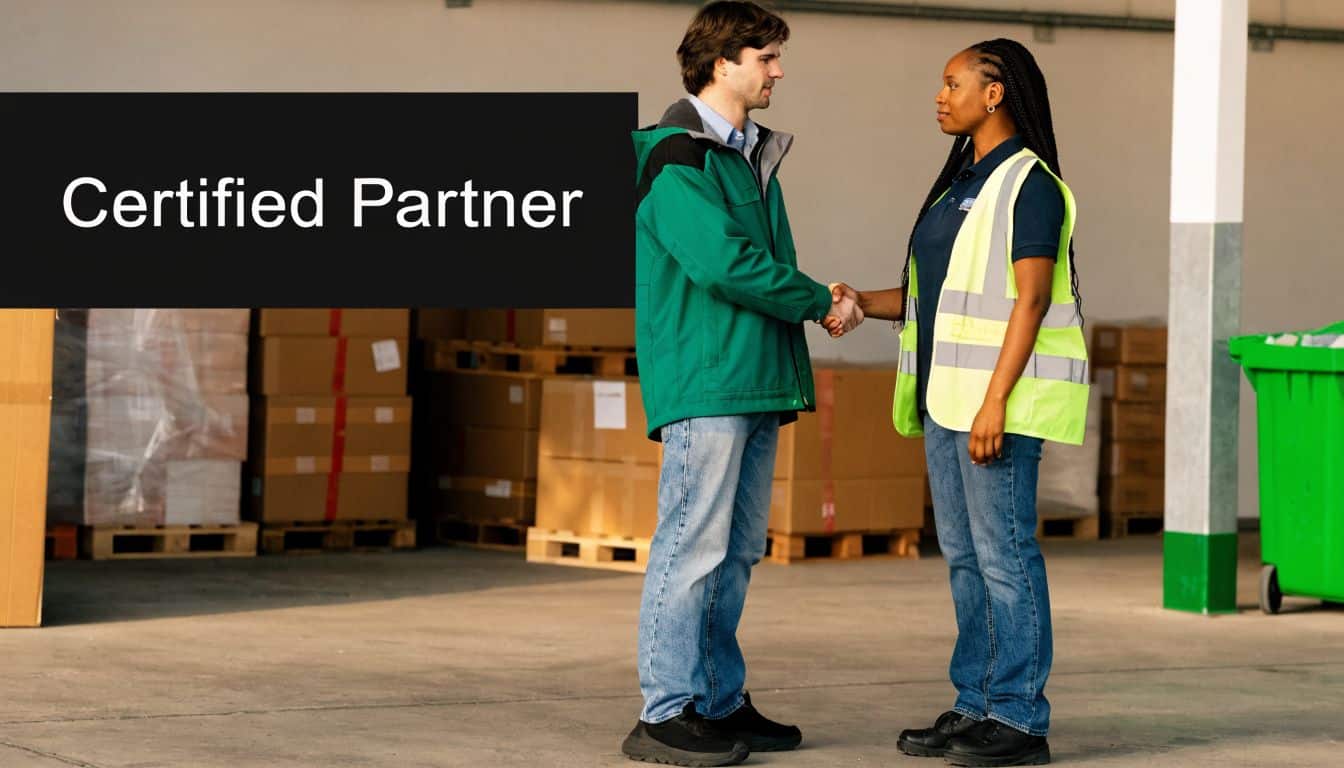 A professional man and woman shake hands in a warehouse setting, representing a certified business partnership.