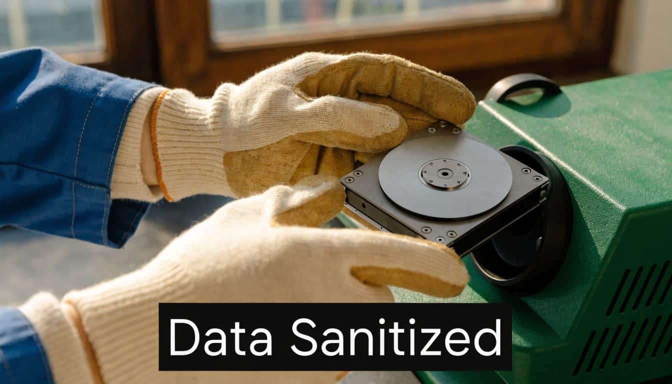 A technician wearing work gloves holding a disassembled hard drive near an IT data sanitization device.