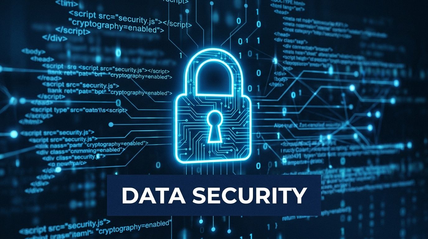 A digital illustration of a glowing blue padlock symbol surrounded by lines of code and binary data.