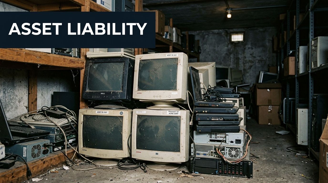 A stack of old, dusty computer monitors and electronic hardware inside a cluttered storage warehouse room.