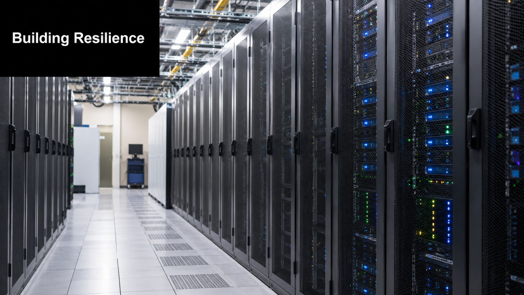 A modern data center aisle featuring rows of server racks with flashing blue and green indicator lights.