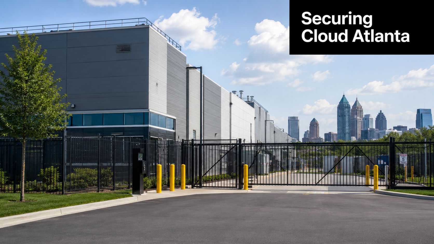 A modern data center facility in Atlanta with secure perimeter fencing and a clear city skyline view.