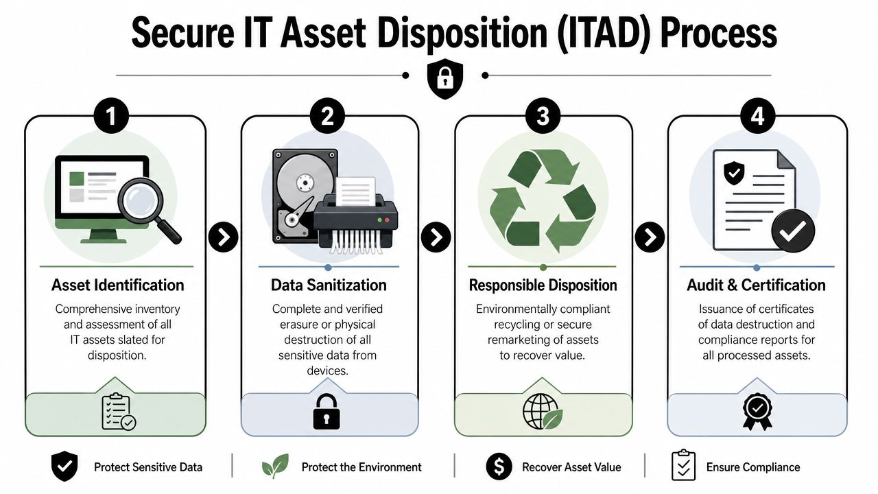 A four-step infographic illustrating the professional secure IT asset disposition process for secure data and hardware management.