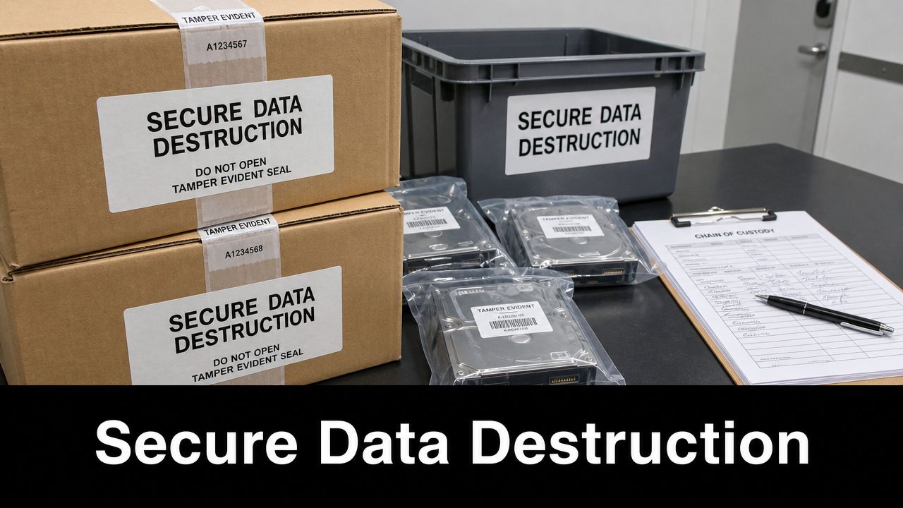 Boxes and hard drives labeled for secure data destruction, reflecting essential IT lifecycle management security protocols.