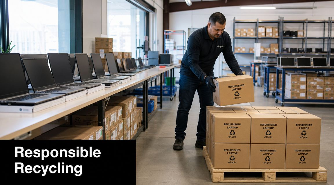 A technician stacking boxes of refurbished laptops in a warehouse, highlighting responsible electronics recycling practices.