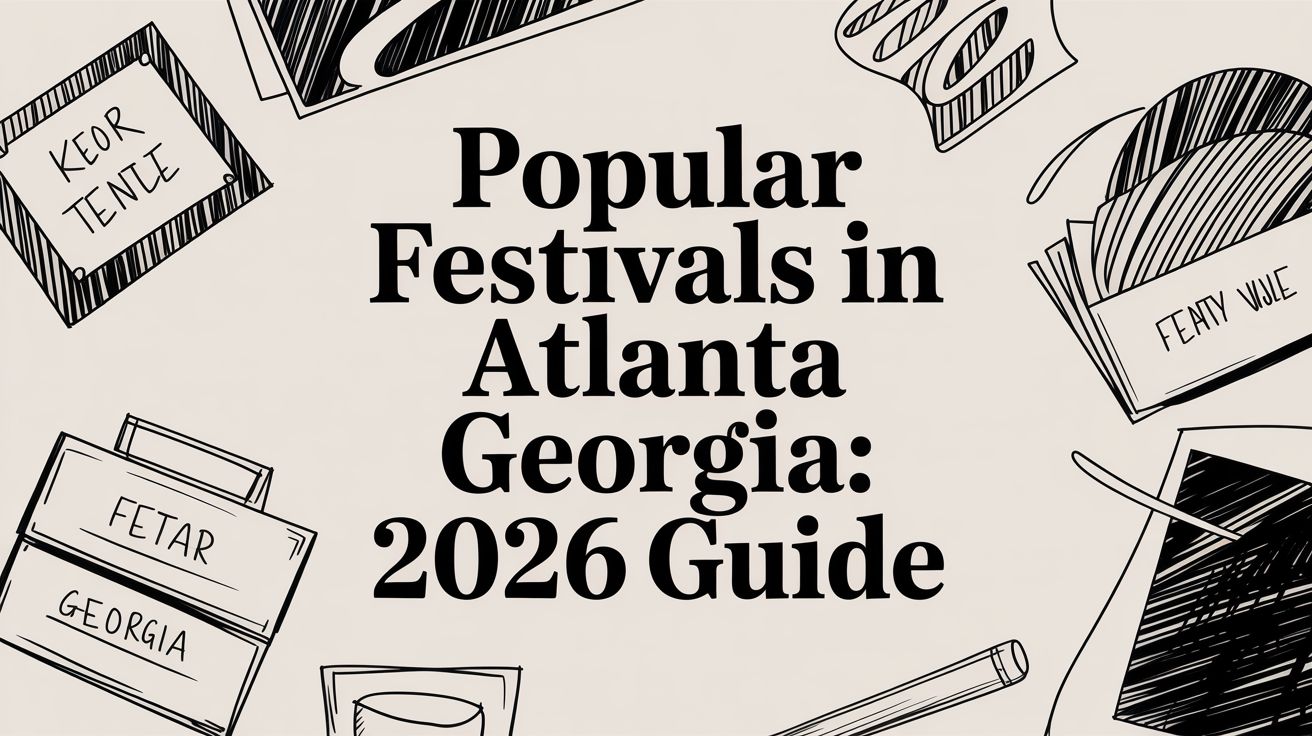 popular-festivals-in-atlanta-georgia-festival-guide - Beyond Surplus ITAD | 770-740-6640 Graphic poster-style image with the headline 'Popular Festivals in Atlanta Georgia: 2026 Guide' surrounded by sketchy festival icons and tickets.