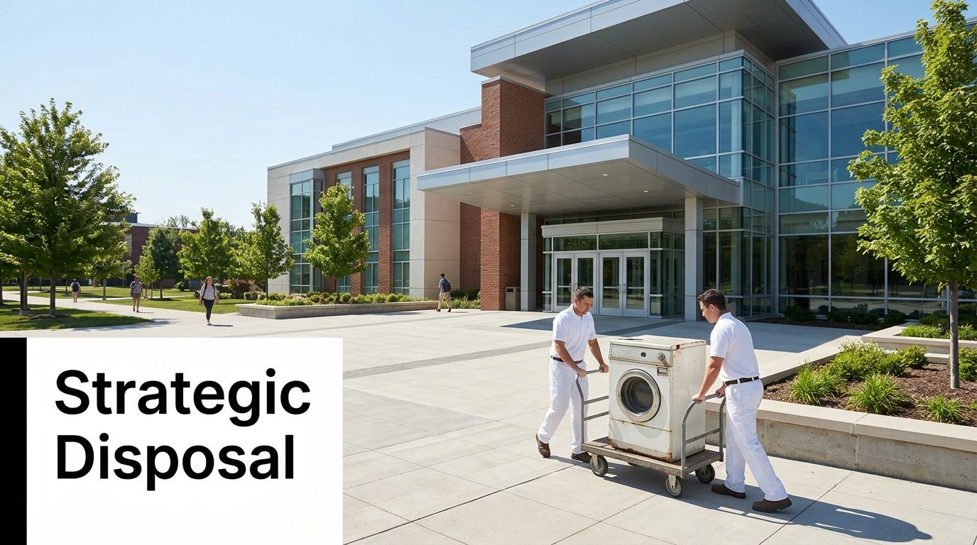 Two workers in white uniforms push a washing machine on a cart outside a modern building.