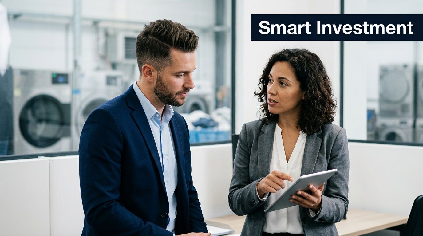 A professional man and woman in business attire discussing business investment while reviewing a digital tablet.
