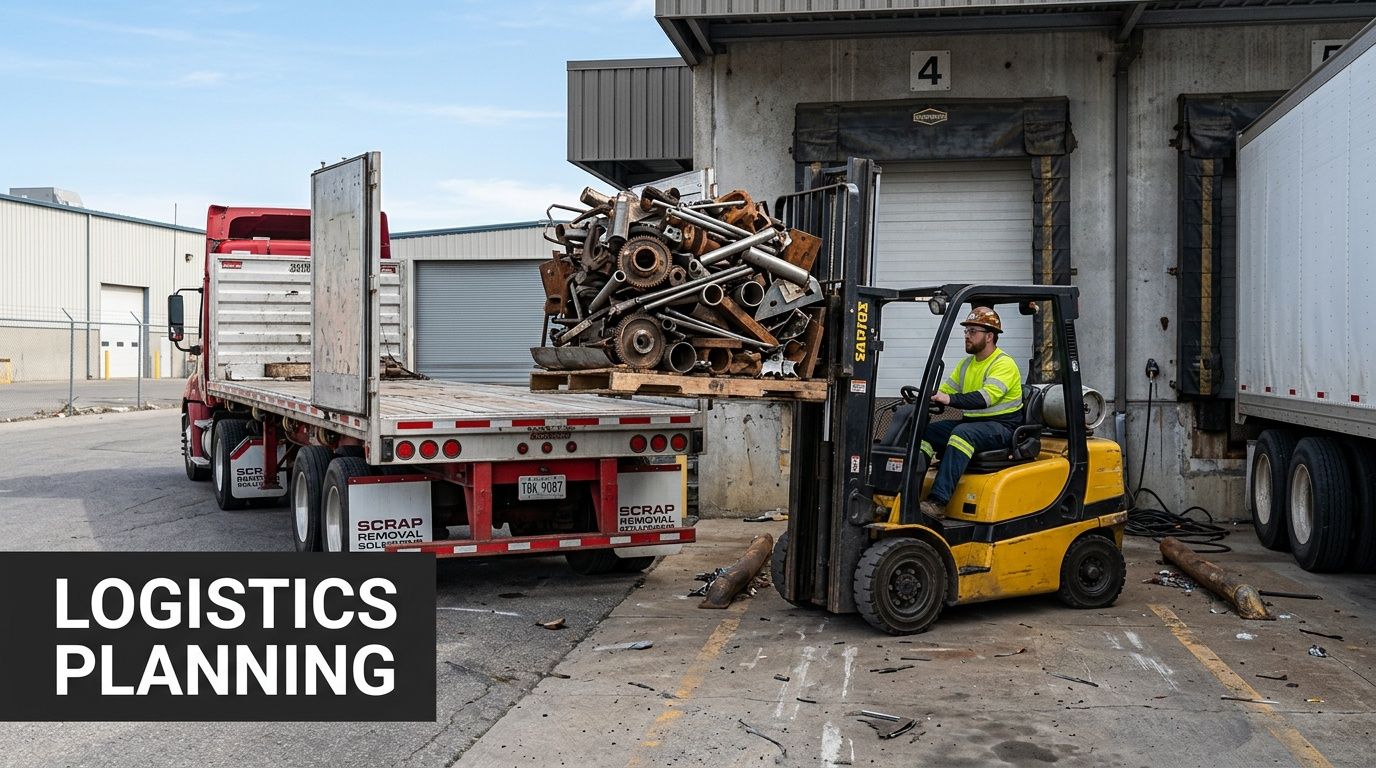 A forklift driver moving a heavy pallet of scrap metal onto the back of a flatbed truck.