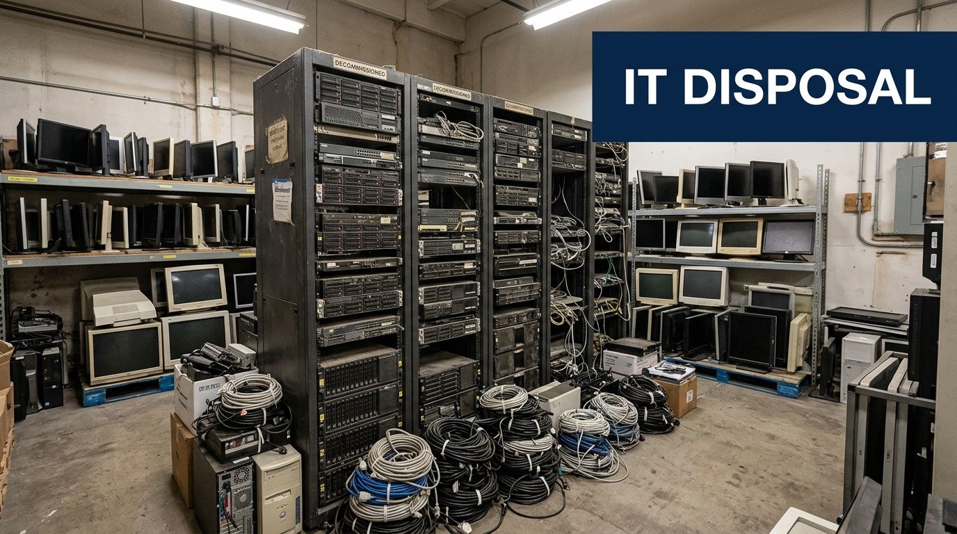 A warehouse storage room filled with decommissioned server racks, old computer monitors, and coiled cables for disposal.
