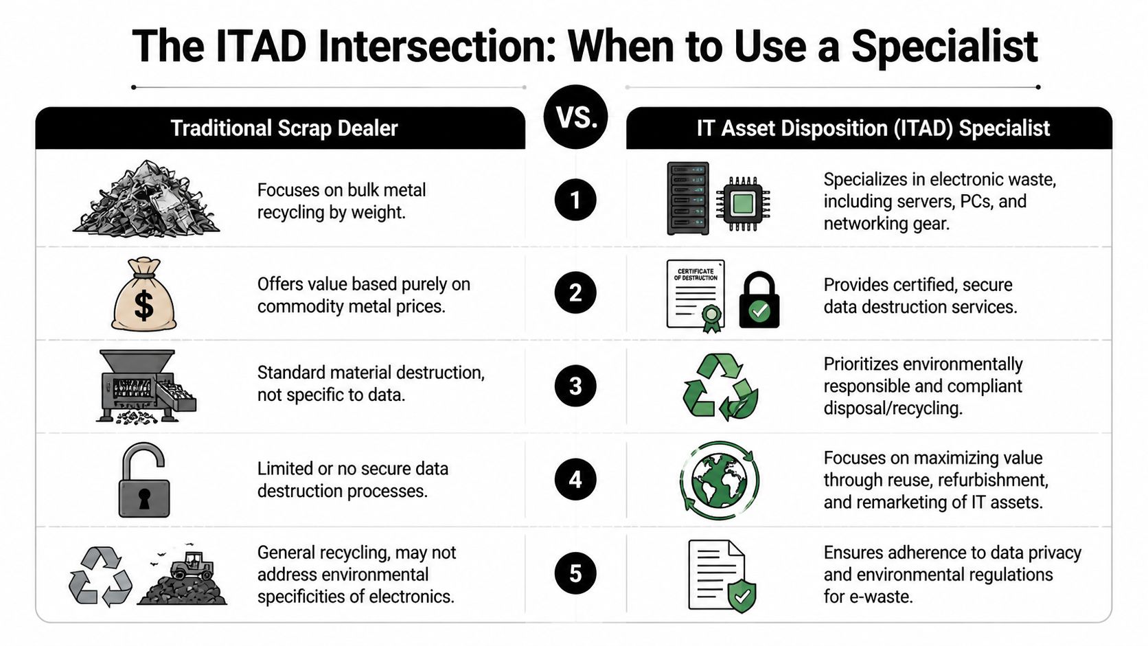 A comparison chart showing the differences between traditional scrap dealers and ITAD specialists for electronic asset disposal.