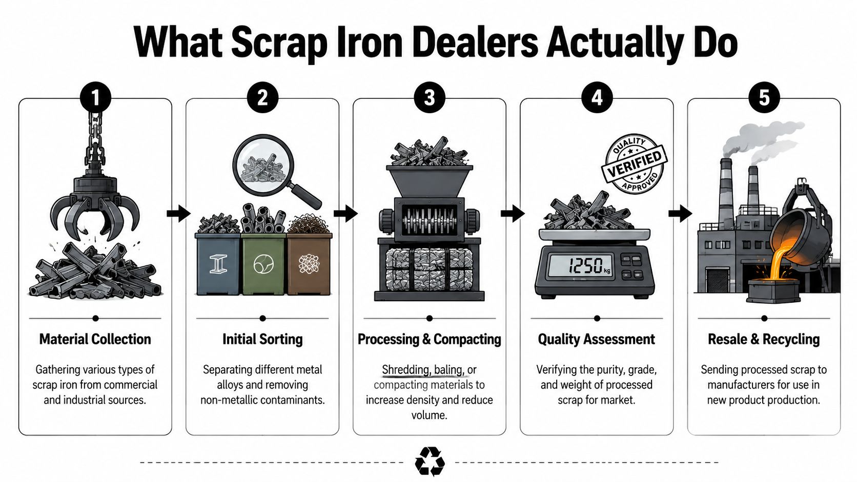 An infographic showing the five-step process of how scrap iron dealers collect, sort, process, and recycle metal.