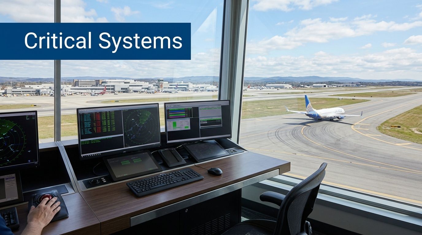 An air traffic controller working at a desk overlooking an airport runway with an airplane taxiing.